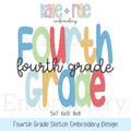 Fourth Grade Sketch Stitch Embroidery Design: Design preview of the words Fourth Grade in bright letters with fourth grade in black script, available in 5x7, 6x10, and 8x8