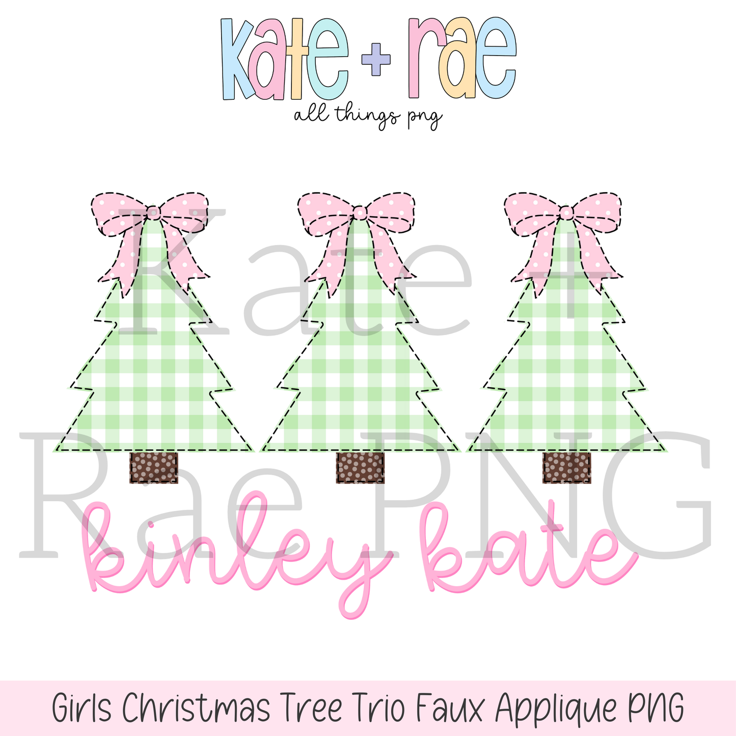 Girls Christmas Tree Trio with Pink Bows Faux Applique PNG