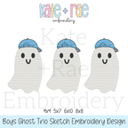 Boy's Ghost Trio Sketch Stitch Embroidery Design: Design preview of three sketch stitch ghosts wearing blue caps, available in 4x4, 5x7, 6x10, and 8x8