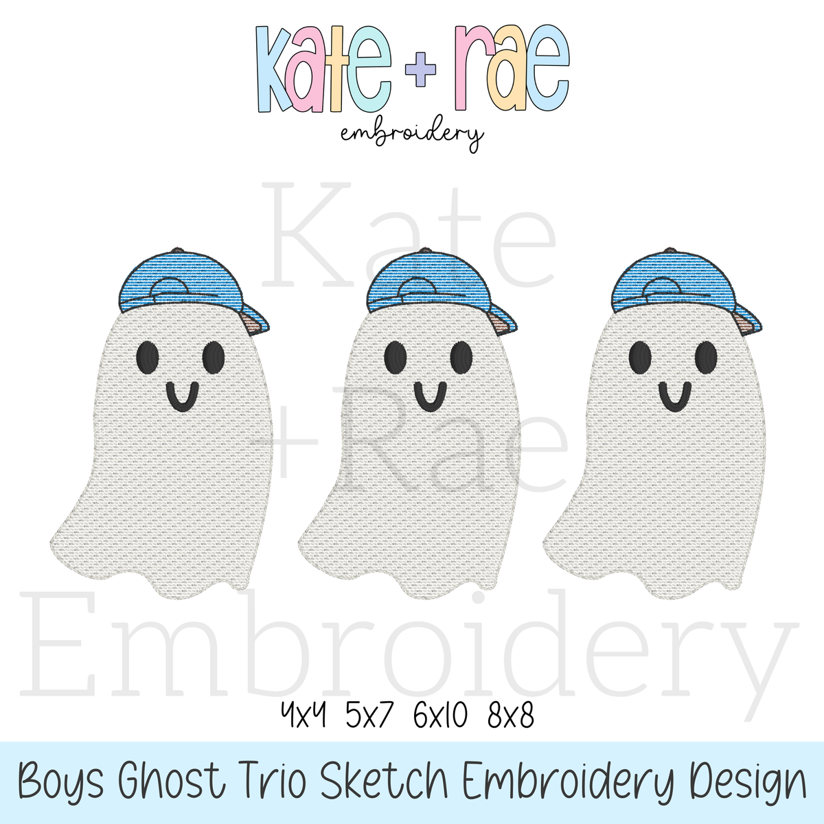 Boy's Ghost Trio Sketch Stitch Embroidery Design: Design preview of three sketch stitch ghosts wearing blue caps, available in 4x4, 5x7, 6x10, and 8x8