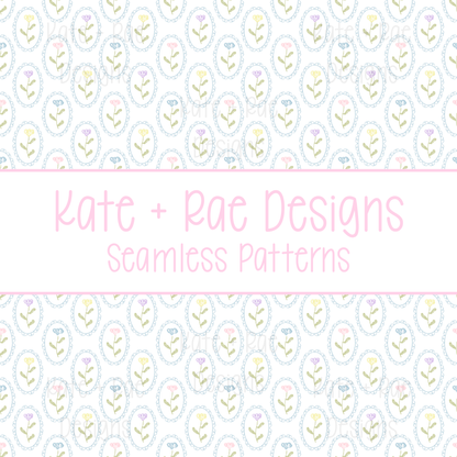 Colorful Watercolor Florals in Scalloped Frame Seamless Pattern