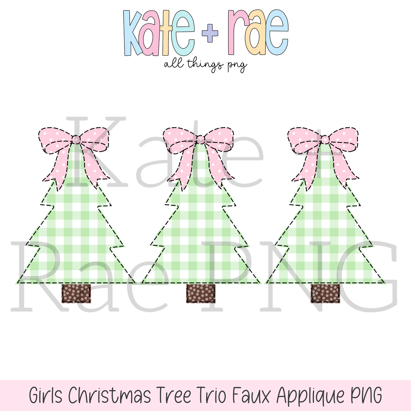 Girls Christmas Tree Trio with Pink Bows Faux Applique PNG