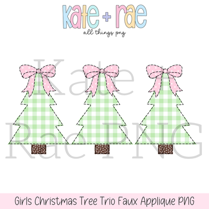 Girls Christmas Tree Trio with Pink Bows Faux Applique PNG