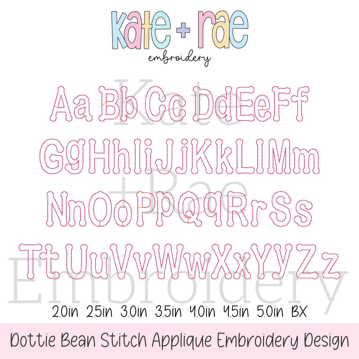 Dottie Bean Stitch Applique Embroidery Font: Upper and lowercase alphabet in light pink outlined bean stitch letters, available in 2 to 5 inch sizes plus BX