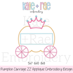 Pumpkin Carriage Zigzag Applique Embroidery Design: Design preview of a pumpkin carriage zigzag applique with a crown and empty name plate, available in 5x7, 6x10, and 8x8