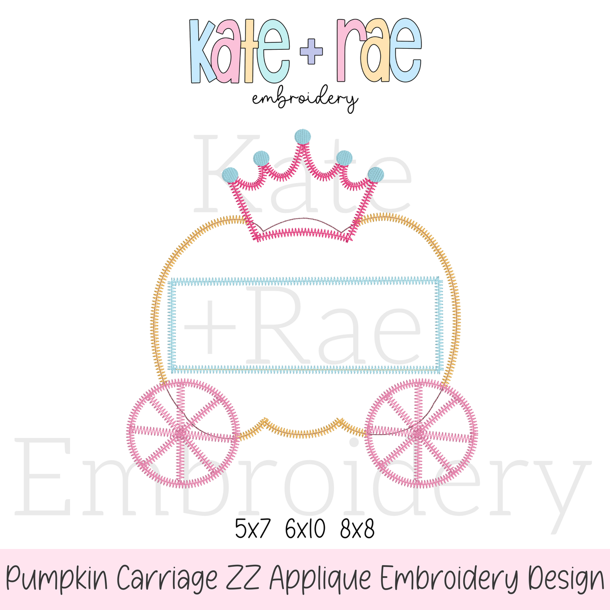 Pumpkin Carriage Zigzag Applique Embroidery Design: Design preview of a pumpkin carriage zigzag applique with a crown and empty name plate, available in 5x7, 6x10, and 8x8