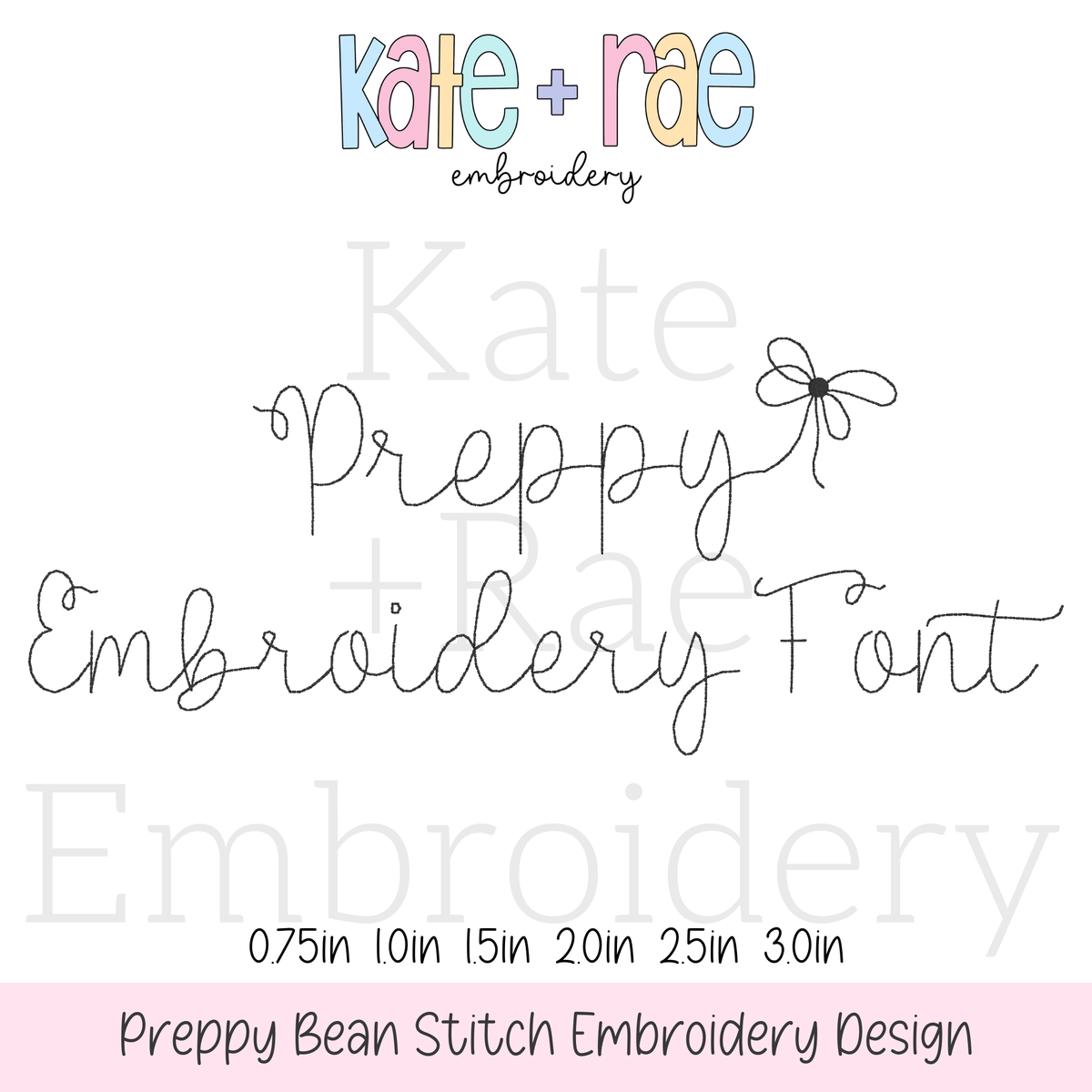 Preppy Bean Stitch Embroidery Font: Font preview reading Preppy Embroidery Font in thin gray bean stitch script, available in 0.75 to 3 inch sizes