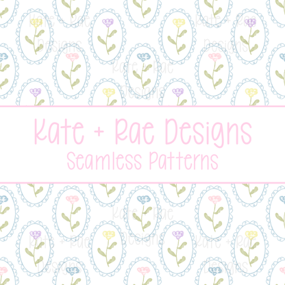 Colorful Watercolor Florals in Scalloped Frame Seamless Pattern