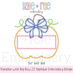 Girl's Pumpkin with Big Bow Zigzag Applique Embroidery Design: Design preview of a pumpkin zigzag applique with a big blue bow and an empty name plate, available in 5x7, 6x10, and 8x8