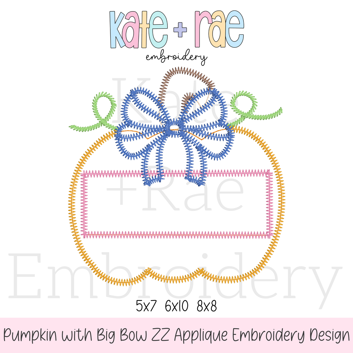 Girl's Pumpkin with Big Bow Zigzag Applique Embroidery Design: Design preview of a pumpkin zigzag applique with a big blue bow and an empty name plate, available in 5x7, 6x10, and 8x8