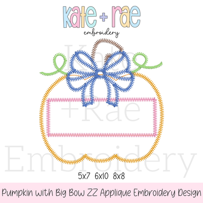 Girl's Pumpkin with Big Bow Zigzag Applique Embroidery Design