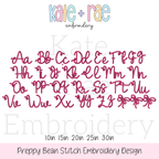 Preppy Satin Stitch Embroidery Font: Upper and lowercase alphabet in a pink preppy satin script font with bows
