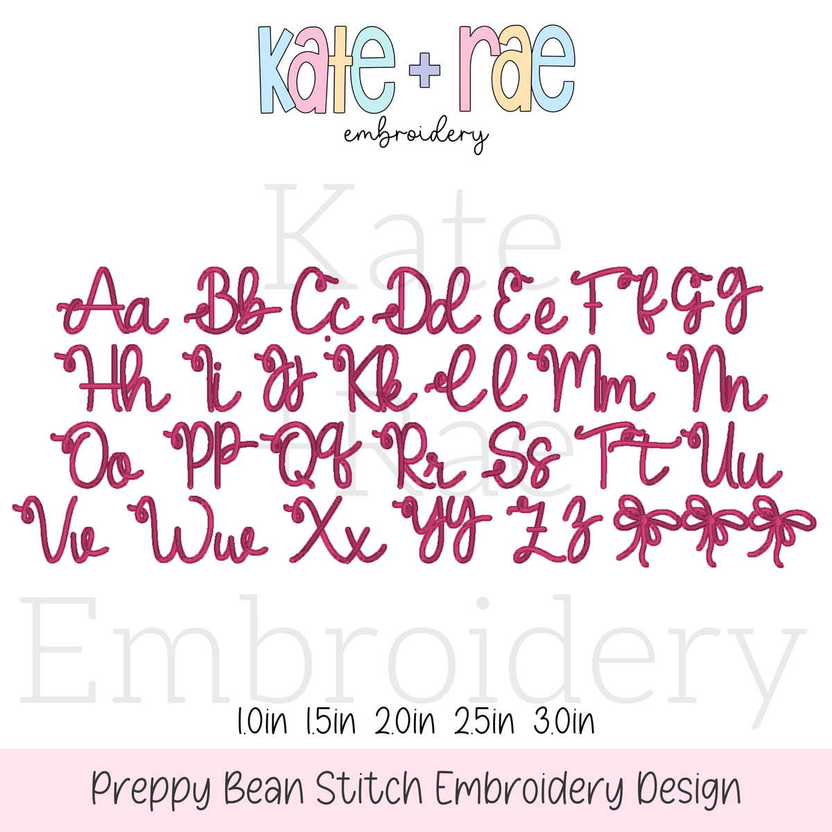 Preppy Satin Stitch Embroidery Font: Upper and lowercase alphabet in a pink preppy satin script font with bows