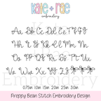 Preppy Bean Stitch Embroidery Font: Upper and lowercase alphabet in a thin preppy bean stitch script font with bows, available in 0.75 to 3 inch sizes
