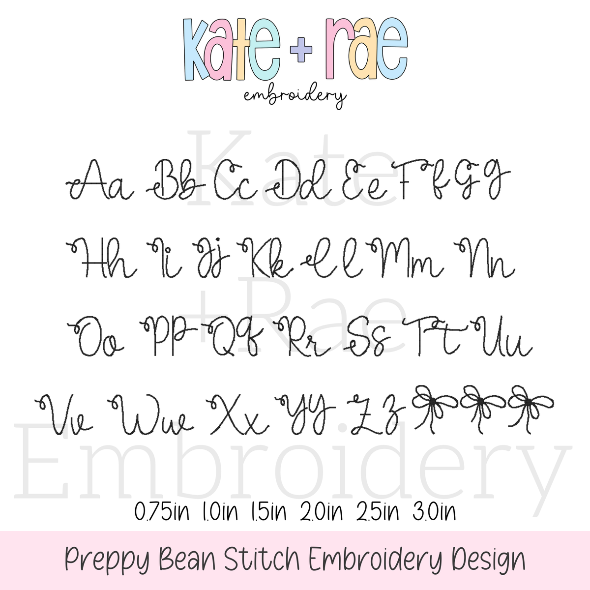 Preppy Bean Stitch Embroidery Font: Upper and lowercase alphabet in a thin preppy bean stitch script font with bows, available in 0.75 to 3 inch sizes