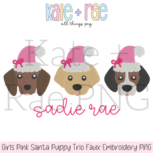 Girl's Pink Santa Puppy Trio Faux Embroidery PNG