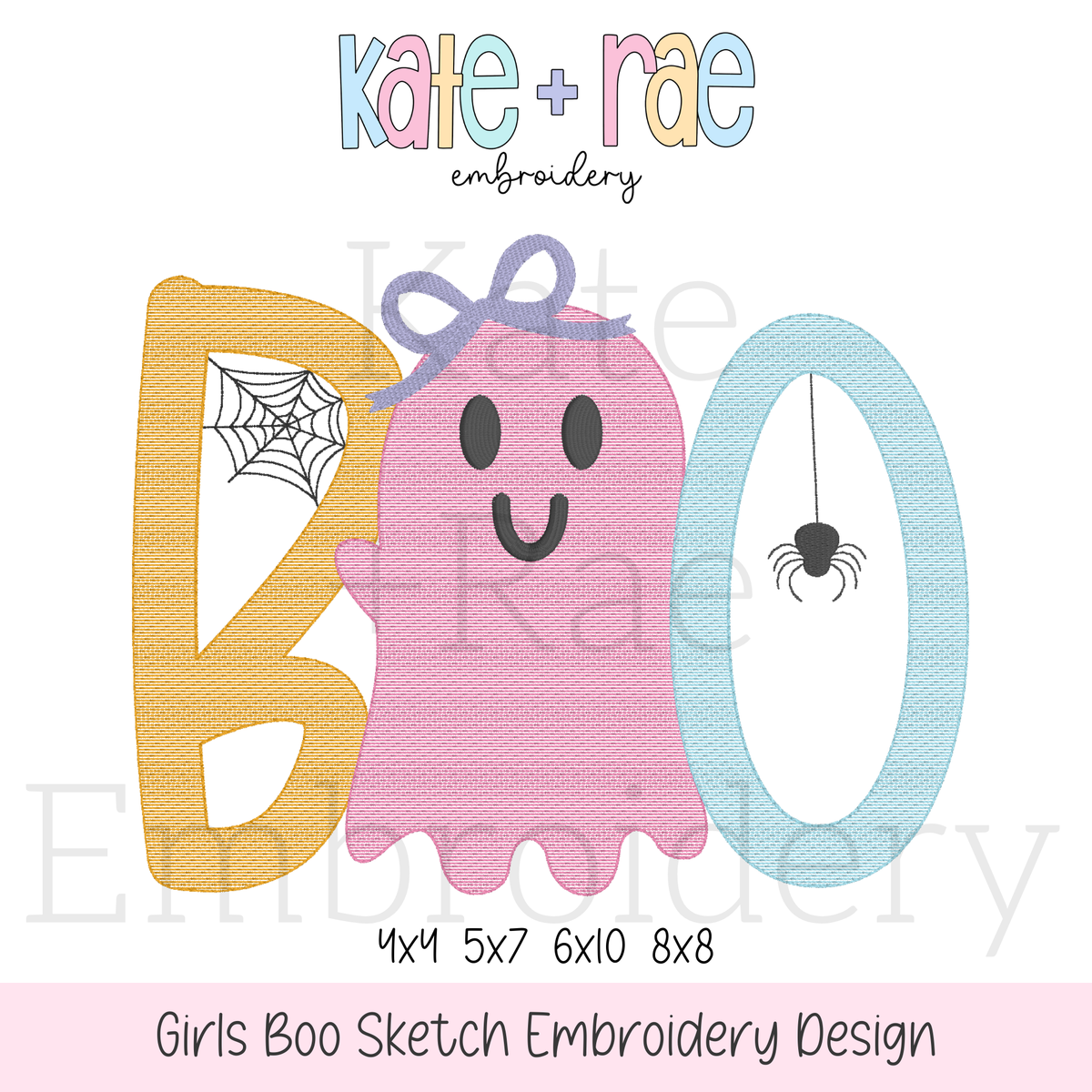 Girl's Boo Sketch Stitch Embroidery Design: Design preview of the sketch stitch word BOO with a pink ghost wearing a bow, available in 4x4, 5x7, 6x10, and 8x8