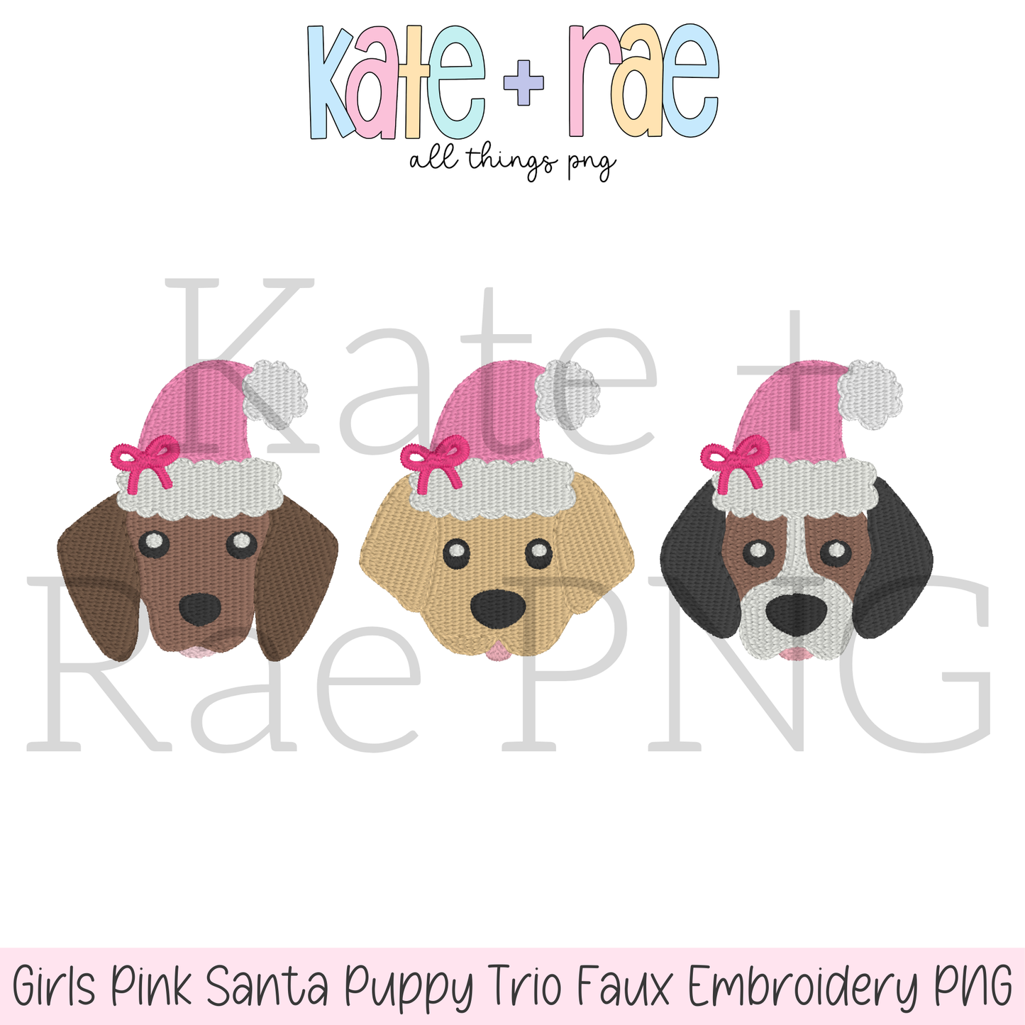 Girl's Pink Santa Puppy Trio Faux Embroidery PNG