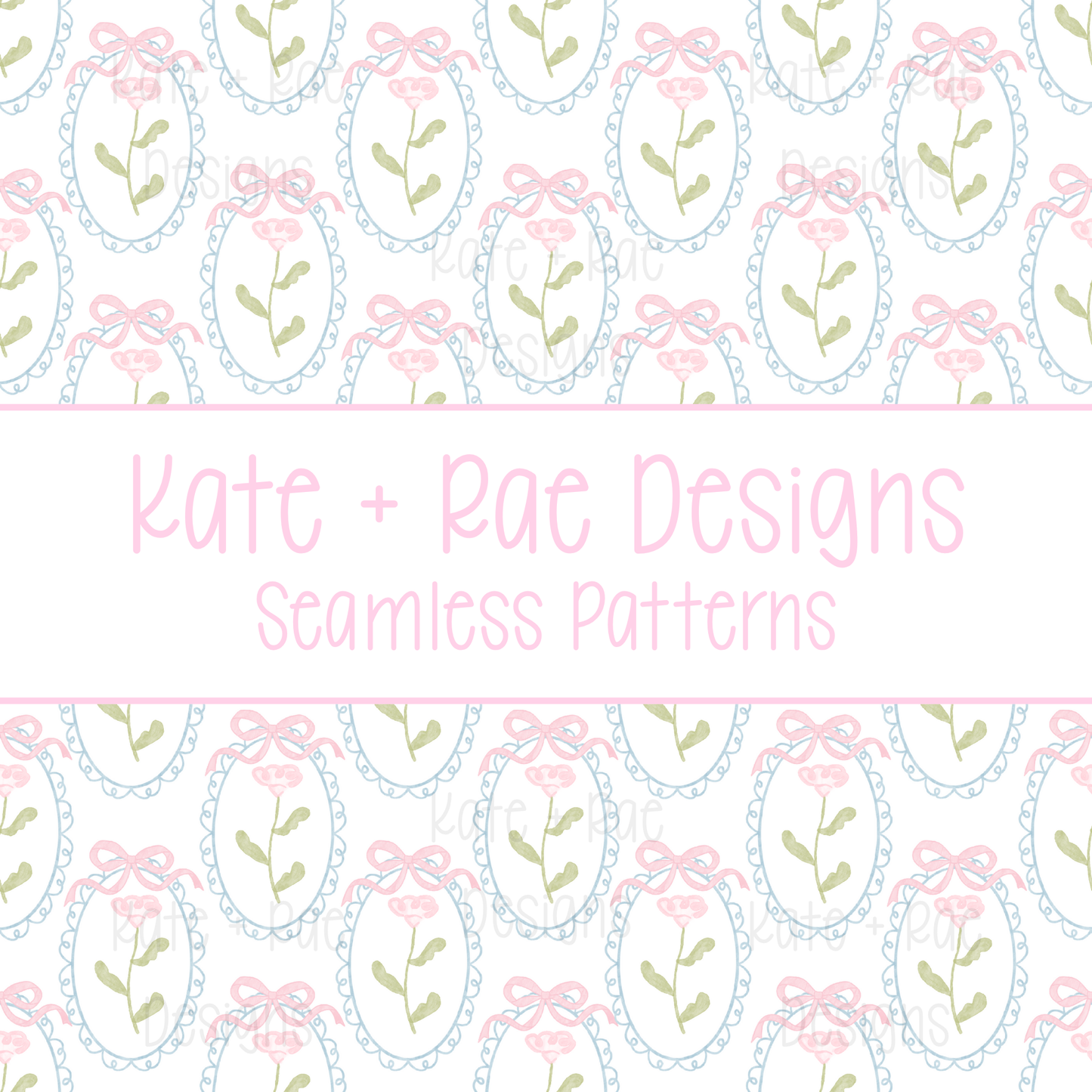 Pink Watercolor Florals in Scalloped Frame with Bows Seamless Pattern
