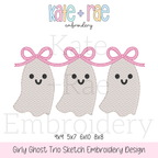 Girl's Ghost Trio with Bows Sketch Stitch Embroidery Design: Design preview of three sketch stitch ghosts linked by pink bows, available in 4x4, 5x7, 6x10, and 8x8