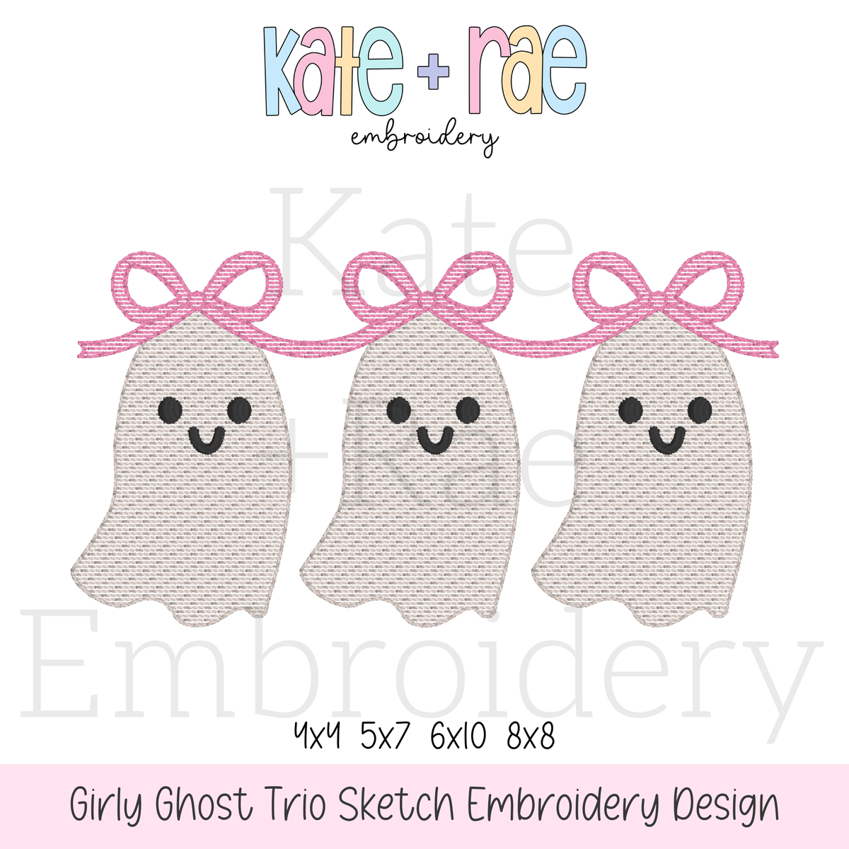 Girl's Ghost Trio with Bows Sketch Stitch Embroidery Design: Design preview of three sketch stitch ghosts linked by pink bows, available in 4x4, 5x7, 6x10, and 8x8