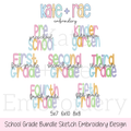 School Grade Sketch Stitch Embroidery Design Bundle: Collage of all seven school grade designs from preschool through fifth grade