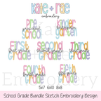 School Grade Sketch Stitch Embroidery Design Bundle: Collage of all seven school grade designs from preschool through fifth grade