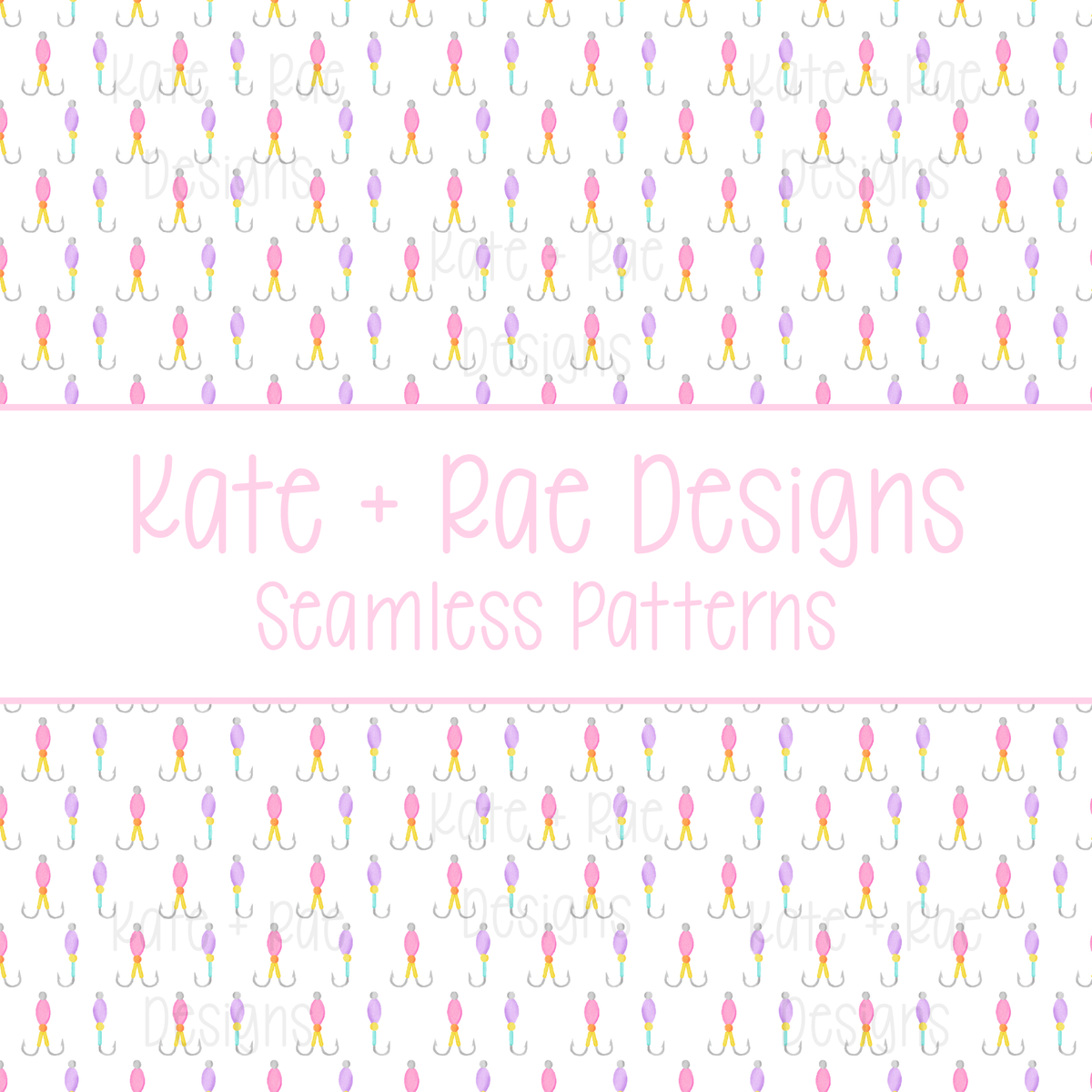 Girl's Fishing Lure Watercolor Seamless Pattern: Smaller scale seamless pattern of pink and purple watercolor fishing lures