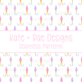 Girl's Fishing Lure Watercolor Seamless Pattern: Seamless pattern of pink, purple, and yellow watercolor fishing lures on a white background