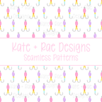 Girl's Fishing Lure Watercolor Seamless Pattern: Seamless pattern of pink, purple, and yellow watercolor fishing lures on a white background