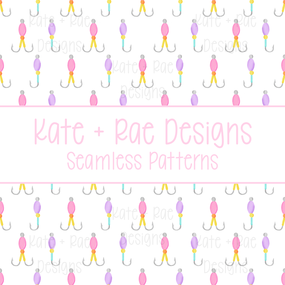 Girl's Fishing Lure Watercolor Seamless Pattern: Seamless pattern of pink, purple, and yellow watercolor fishing lures on a white background
