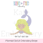 Mermaid Sketch Stitch Embroidery Design: Design preview of a sketch stitch mermaid with blonde hair and a purple tail, available in 4x4, 5x7, 6x10, and 8x8