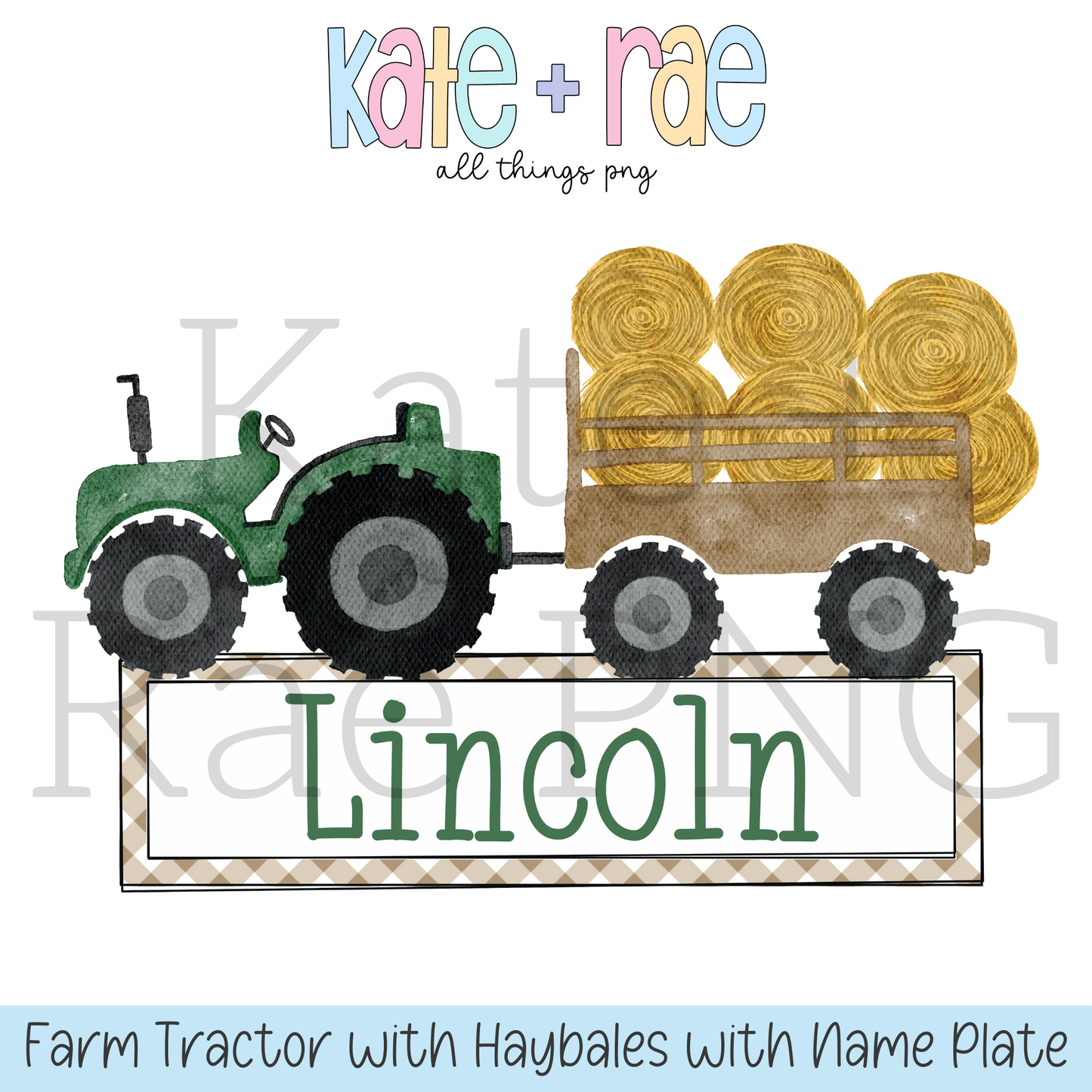 Boy's Watercolor Tractor and Haybales with Name Plate PNG