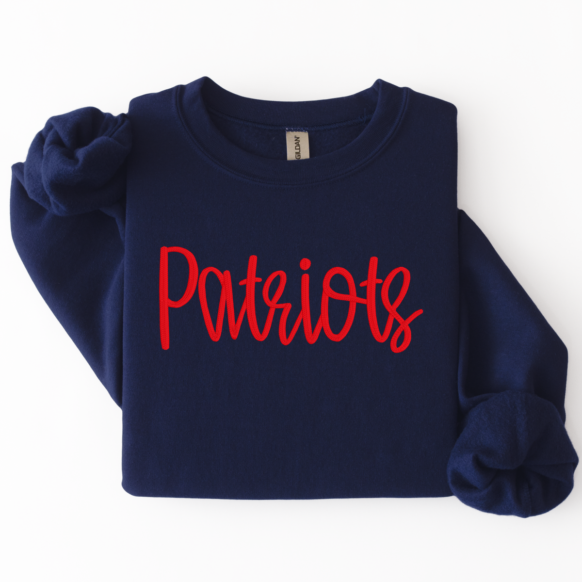 Patriots Sweatshirt - Embroidered: Navy sweatshirt with Patriots in red script embroidery