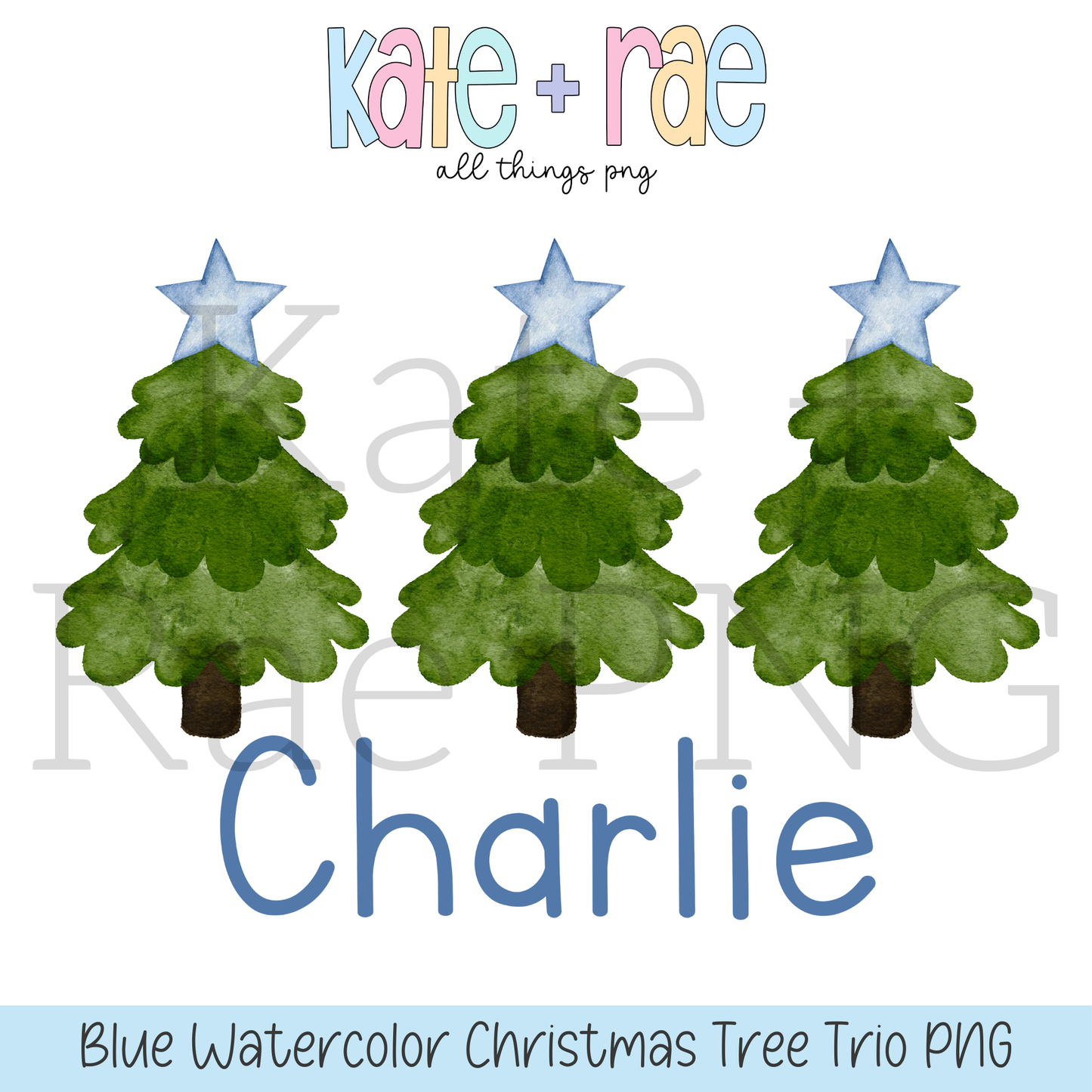 Boy's Watercolor Christmas Tree Trio with Blue Stars PNG