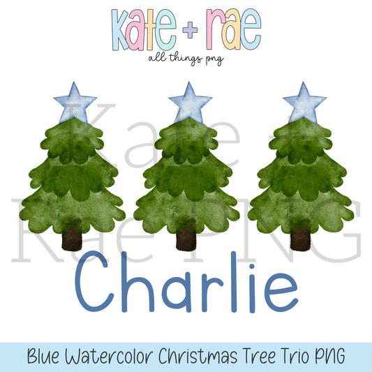 Boy's Watercolor Christmas Tree Trio with Blue Stars PNG