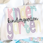 The words Kinder Garten in pastel sketch stitch letters with kindergarten in black script on a white shirt