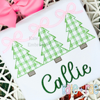Girls Plaid Christmas Tree Trio with Connecting Bows Sketch Stitch Embroidery Design: Three green plaid Christmas trees linked by pink bows above the name Callie in green on a white shirt