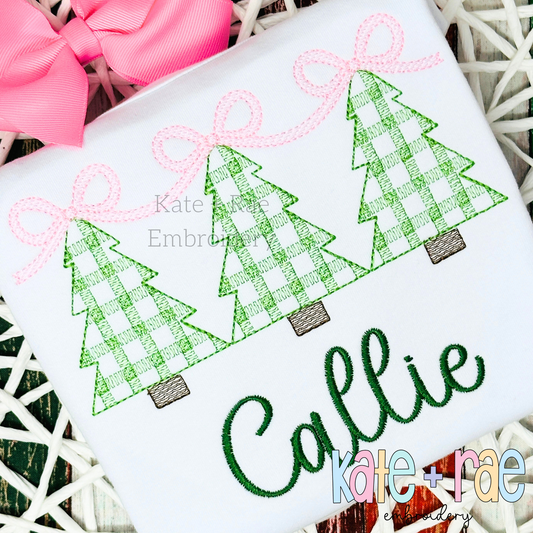 Girls Plaid Christmas Tree Trio with Connecting Bows Sketch Stitch Embroidery Design