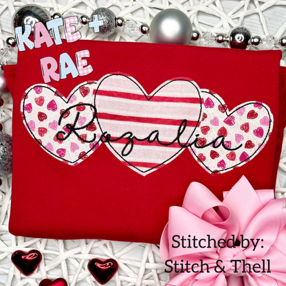 Heart Trio Bean Stitch Applique Embroidery Design