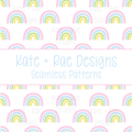 Pink Rainbow Seamless Pattern: Seamless pattern of pink, yellow, and green watercolor rainbows on white