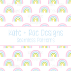 Pink Rainbow Seamless Pattern: Seamless pattern of pink, yellow, and green watercolor rainbows on white