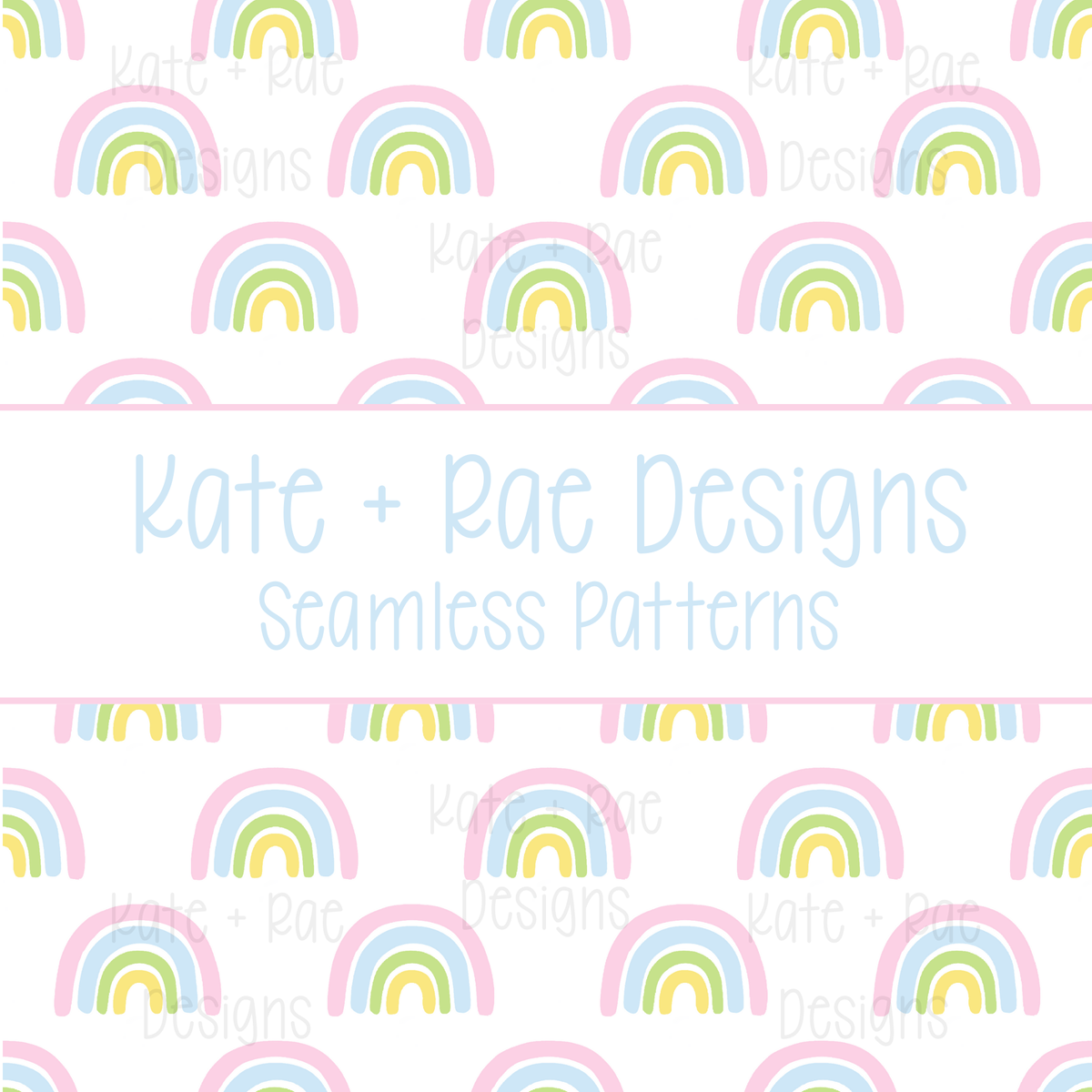 Pink Rainbow Seamless Pattern: Seamless pattern of pink, yellow, and green watercolor rainbows on white