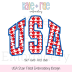 USA Star Filled Embroidery Design: Design preview of the word USA in red star print collegiate letters with a blue outline, available in 5x7, 6x10, 7x12, and 8x8