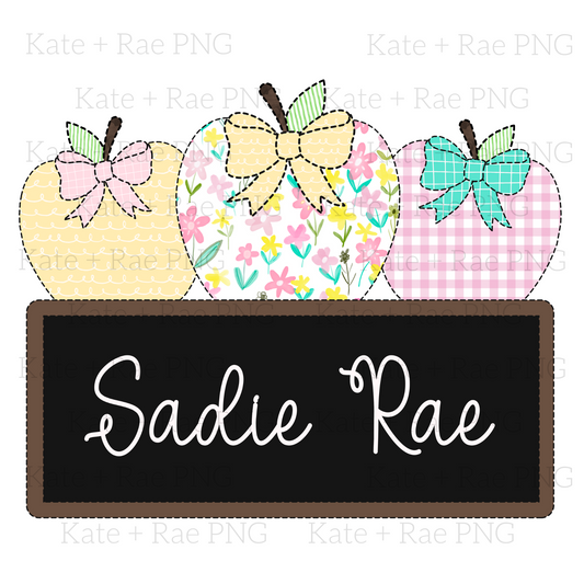 Bright Patterned Apple Trio with Chalk Board Name Plate