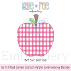 Girl's Plaid Filled Apple Embroidery Design: Design preview of a pink plaid sketch stitch apple with a blue bow, available in 4x4, 5x7, 6x10, and 8x8