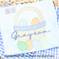 Boy's Easter Basket with Extra Eggs Sketch Stitch Embroidery Design: Sketch stitch Easter basket with pastel eggs and the name Grayson in blue script on a light blue shirt