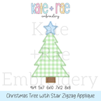Christmas Tree with Stars Zigzag Applique Embroidery Design: Design preview of a green gingham Christmas tree zigzag applique with a blue star, available in 4x4, 5x7, 6x10, 7x12, and 8x8