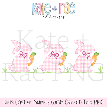 Girl's Pink Gingham Easter Bunny Trio with Carrots Faux Applique PNG