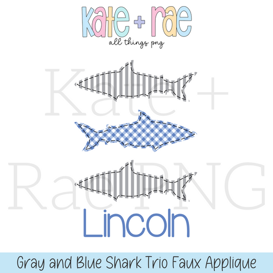 Grey and Blue Shark Trio Faux Applique PNG